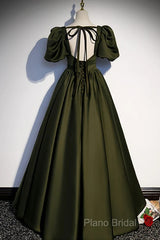 Charming Dark Green Puffy Sleeves Long Formal Gown, Satin Floor Length Formal Prom Dresses