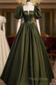 Charming Dark Green Puffy Sleeves Long Formal Gown, Satin Floor Length Formal Prom Dresses