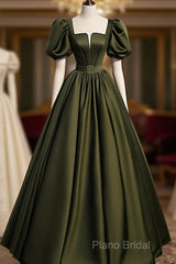Charming Dark Green Puffy Sleeves Long Formal Gown, Satin Floor Length Formal Prom Dresses
