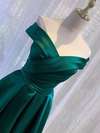 Charming Dark Green Satin Long Junior Formal Prom Dresses, Off Shoulder Evening Gown