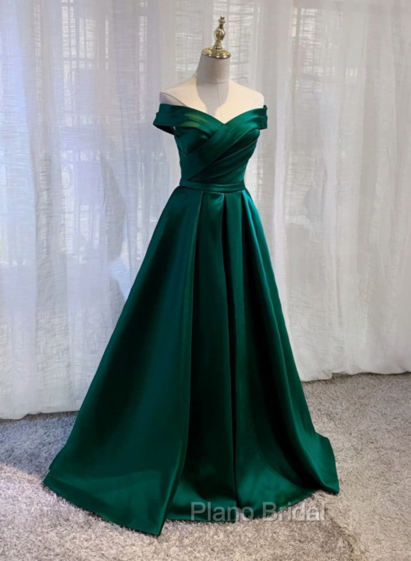 Charming Dark Green Satin Long Junior Formal Prom Dresses, Off Shoulder Evening Gown Main image