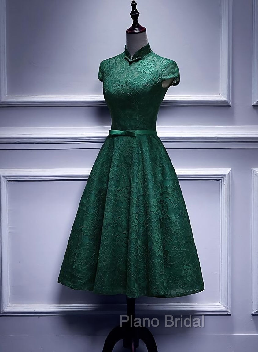 Charming Dark Green Tea Length High Neckline Party Dresses, Wedding Party Dresses