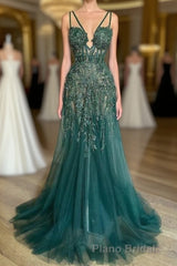 Charming Dark Green Tulle Long Evening Dresses Sweetheart Sleeveless Formal Prom Dresses