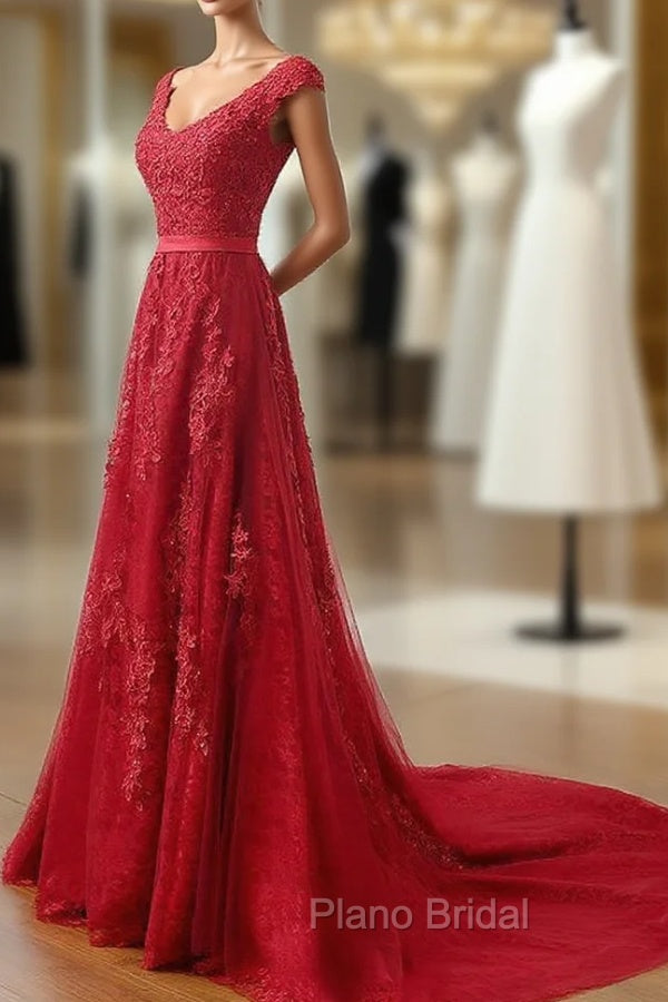 Charming Dark Red Lace A-line Long Formal Prom Dresses, Red Evening Gown Secondary image
