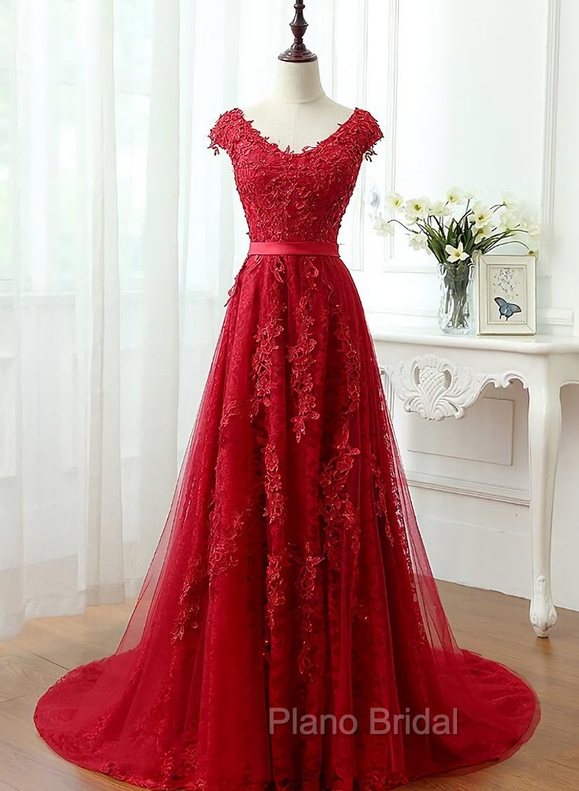 Charming Dark Red Lace A-line Long Formal Prom Dresses, Red Evening Gown