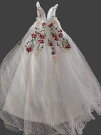 Charming Floral Embroidery Long Formal Prom Dresses V Neck A Line Party Dresses