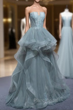 Charming Green Tulle Straps Layers Long Formal Dresses, Tulle Party Dresses Formal Prom Dresses