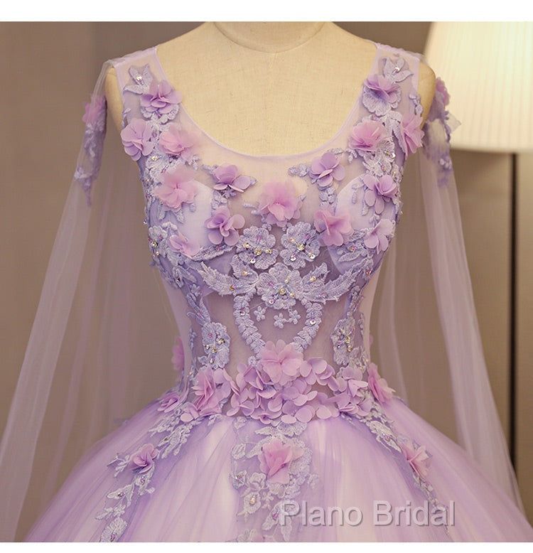 Charming Lavender Tulle Flowers Long Formal Prom Dresses, Sweet 16 Gowns