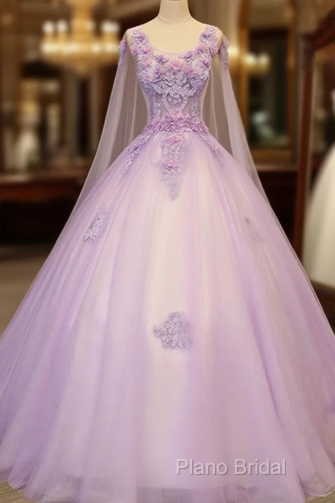 Charming Lavender Tulle Flowers Long Formal Prom Dresses, Sweet 16 Gowns Main image