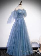 Charming Light Blue Tulle Puffy Sleeves Floor Length Party Dresses A-Line Pricess Gowns Formal Prom Dresses Sparkly