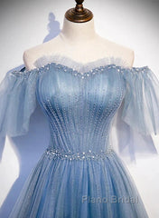 Charming Light Blue Tulle Puffy Sleeves Floor Length Party Dresses A-Line Pricess Gowns Formal Prom Dresses Sparkly