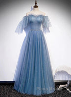 Charming Light Blue Tulle Puffy Sleeves Floor Length Party Dresses A-Line Pricess Gowns Formal Prom Dresses Sparkly