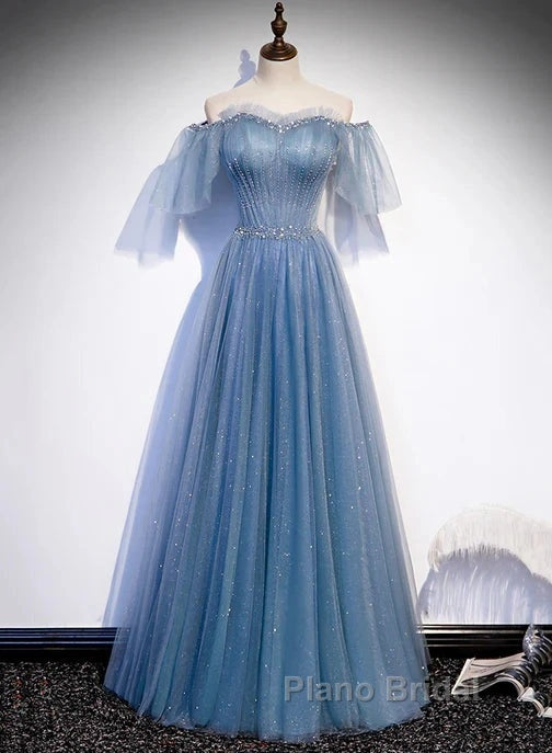 Charming Light Blue Tulle Puffy Sleeves Floor Length Party Dresses A-Line Pricess Gowns Formal Prom Dresses Sparkly