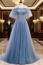 Charming Light Blue Tulle Puffy Sleeves Floor Length Party Dresses A-Line Pricess Gowns Formal Prom Dresses Sparkly