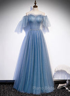 Charming Light Blue Tulle Puffy Sleeves Floor Length Party Dresses, Blue A-line Pricess Gowns Formal Prom Dresses