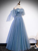 Charming Light Blue Tulle Puffy Sleeves Floor Length Party Dress,Blue A-line Princess Gowns Prom Dresses