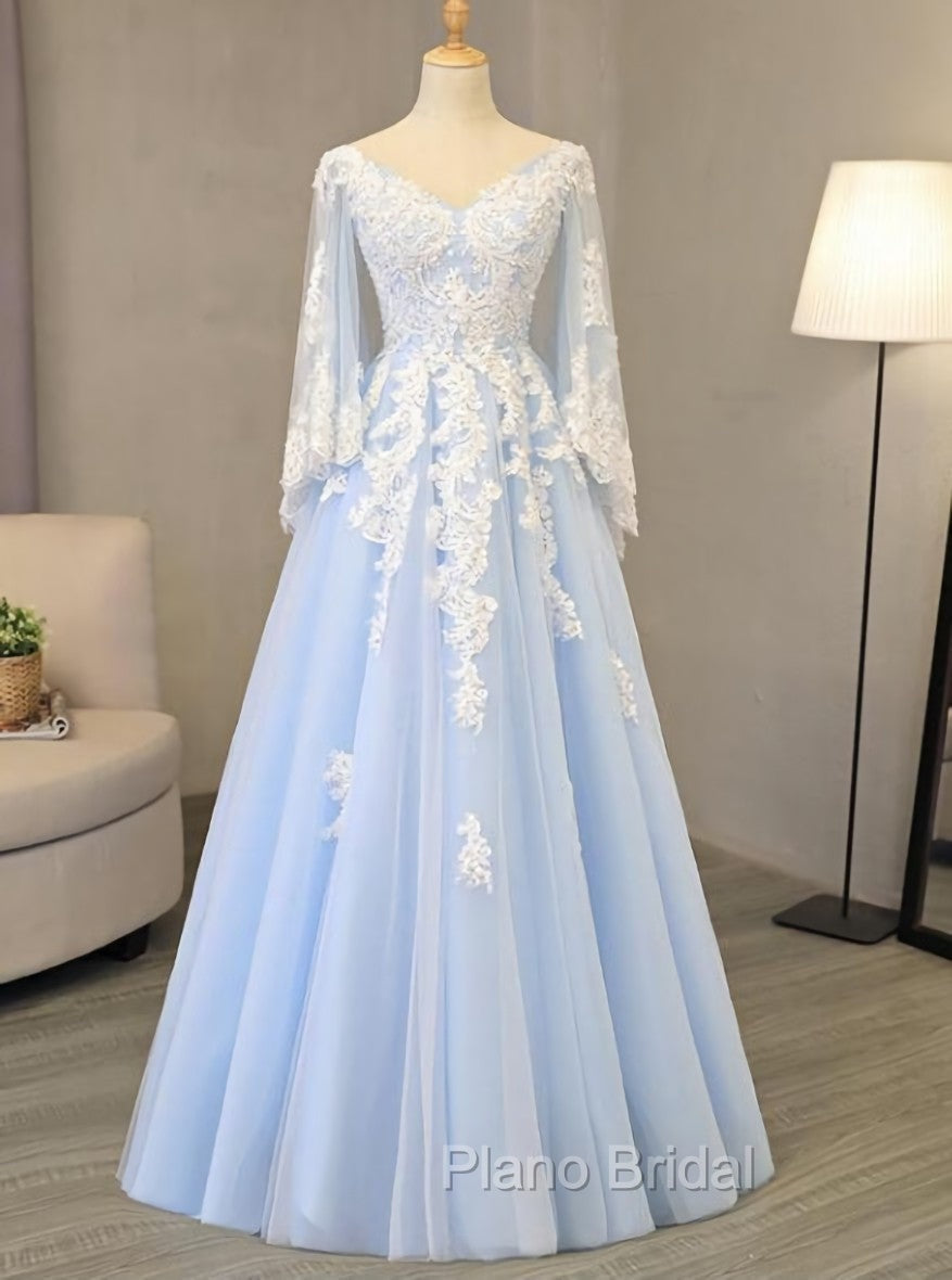 Charming Light Blue Tulle V-neckline Long Party Dresses, Formal Prom Dresses Secondary image