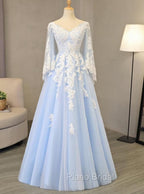 Charming Light Blue Tulle V-neckline Long Party Dresses, Formal Prom Dresses