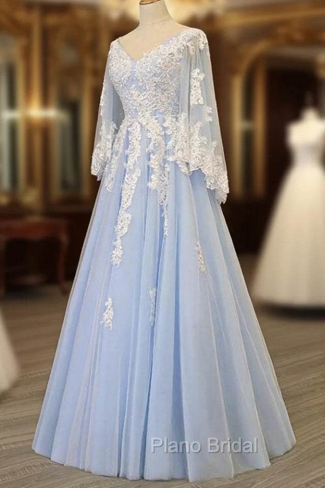 Charming Light Blue Tulle V-neckline Long Party Dresses, Formal Prom Dresses Main image