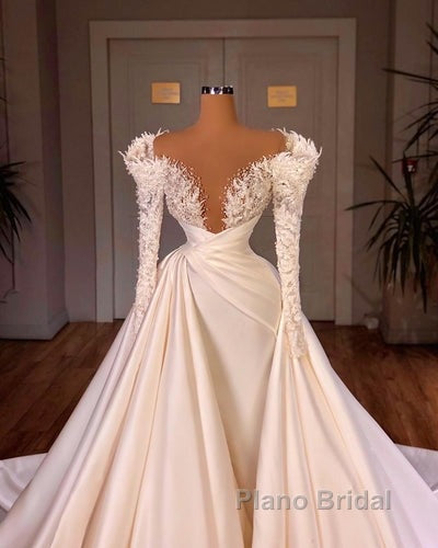 Charming Long A-line Cathedral V-neck Satin Lace Wedding Dresses With Sleeves Secondary image