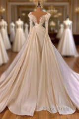 Charming Long A-line Cathedral V-neck Satin Lace Wedding Dresses With Sleeves