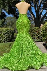 Charming Long Mermaid Halter Satin Lace Backless Formal Prom Dresses
