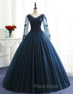 Charming Long Sleeves Navy Blue Tulle Party Gown, Navy Blue Formal Prom Dresses