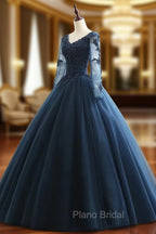 Charming Long Sleeves Navy Blue Tulle Party Gown, Navy Blue Formal Prom Dresses