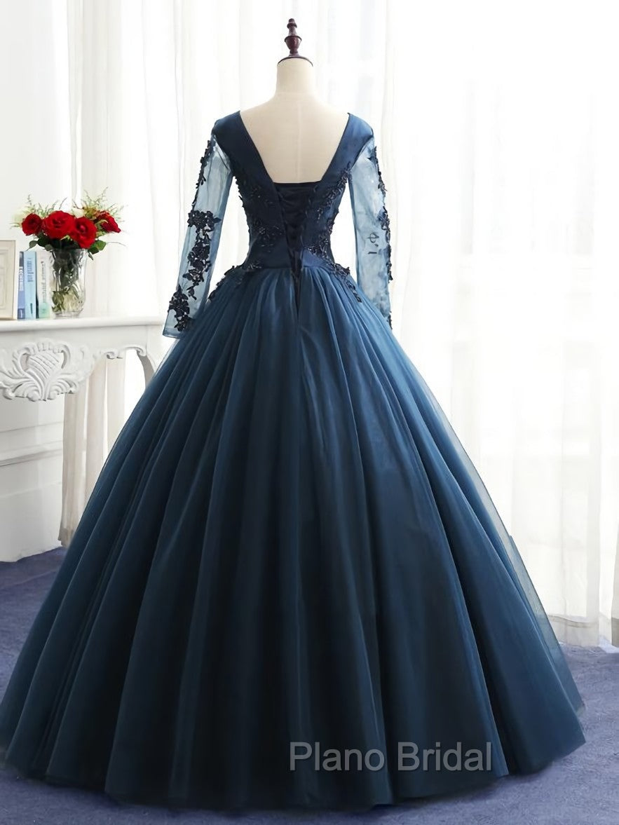 Charming Long Sleeves Navy Blue Tulle Party Gown, Navy Blue Formal Prom Dresses