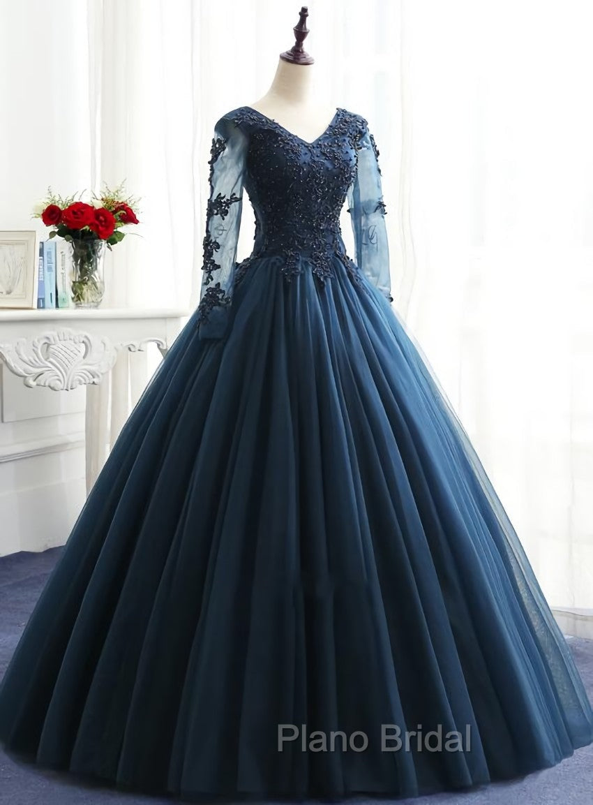 Charming Long Sleeves Navy Blue Tulle Party Gown, Navy Blue Formal Prom Dresses