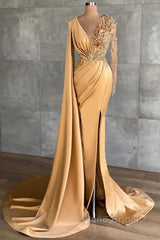 Charming Long Sleeves V-Neck Mermaid Long Evening Dresses With Side Train