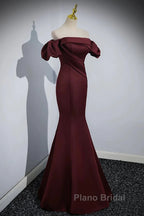 Charming Maroon Satin Mermaid Off Shoulder Formal Prom Dresses, Maroon Party Dresses