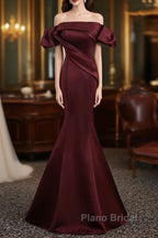 Charming Maroon Satin Mermaid Off Shoulder Formal Prom Dresses, Maroon Party Dresses
