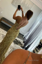 Charming Mermaid V Nekc Gold Sequins Long Prom Dresses with Slit