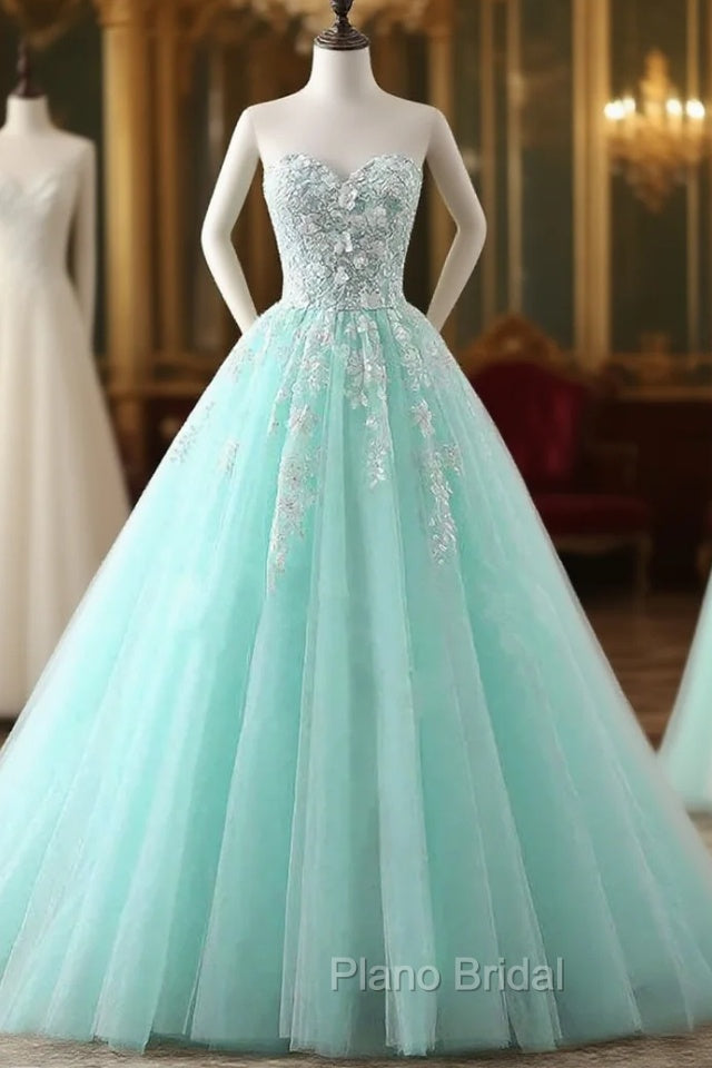 Charming Mint Green Tulle Ball Gown Sweet 16 Dresses, Lace Applique Formal Prom Dresses Secondary image