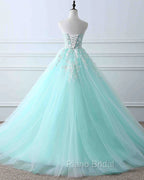 Charming Mint Green Tulle Ball Gown Sweet 16 Dresses, Lace Applique Formal Prom Dresses