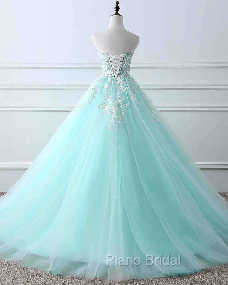 Charming Mint Green Tulle Ball Gown Sweet 16 Dresses, Lace Applique Formal Prom Dresses