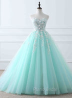 Charming Mint Green Tulle Ball Gown Sweet 16 Dresses, Lace Applique Formal Prom Dresses