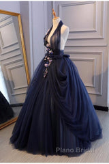 Charming Navy Blue Halter Tulle Party Dresses With Flower Applique, Blue Gown