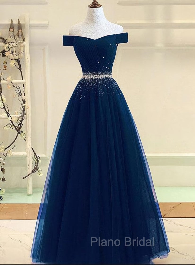 Charming Navy Blue Off Shoulder Floor Length Beaded Party Dresses, Party Dresses Main image