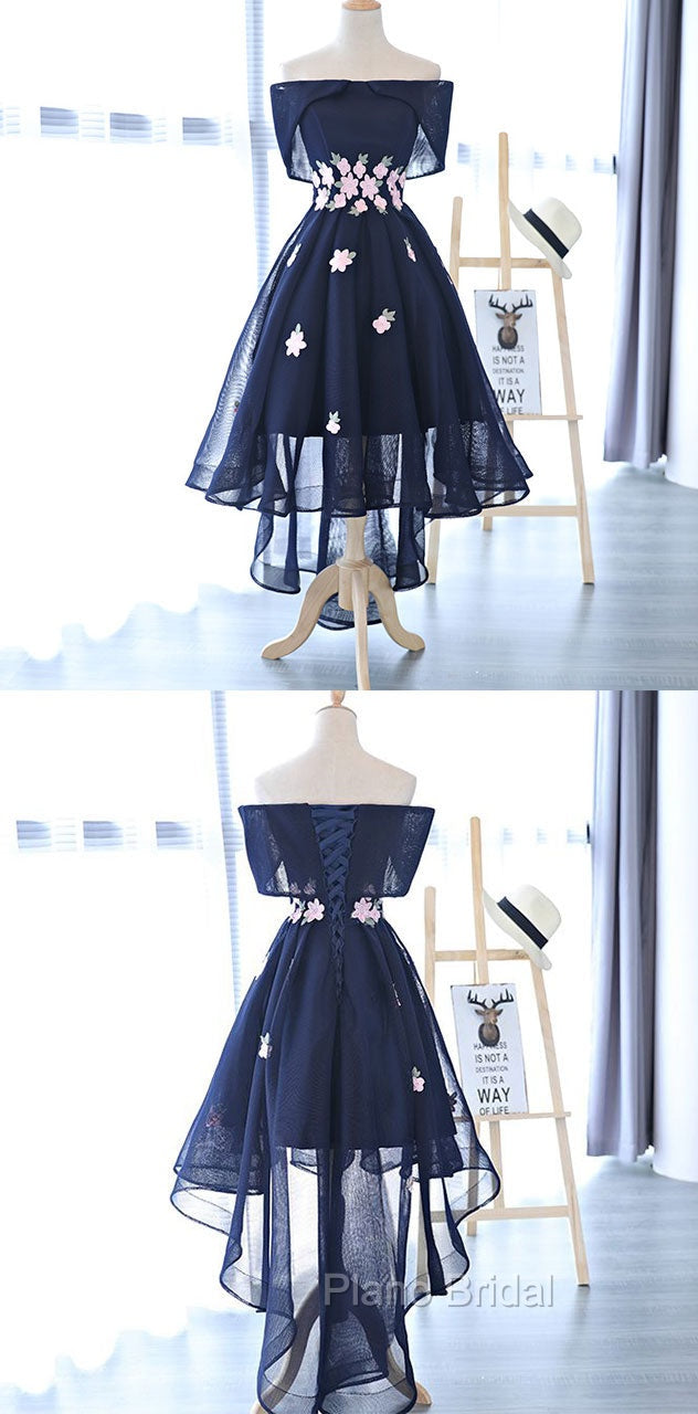 Charming Navy Blue Tulle Party Dresses with Flowers, Cute Formal Prom Dresses