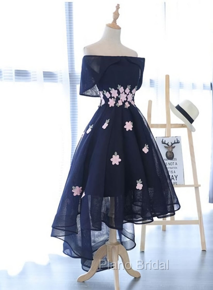 Charming Navy Blue Tulle Party Dresses with Flowers, Cute Formal Prom Dresses Main image