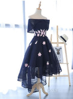 Charming Navy Blue Tulle Party Dresses with Flowers, Cute Formal Prom Dresses