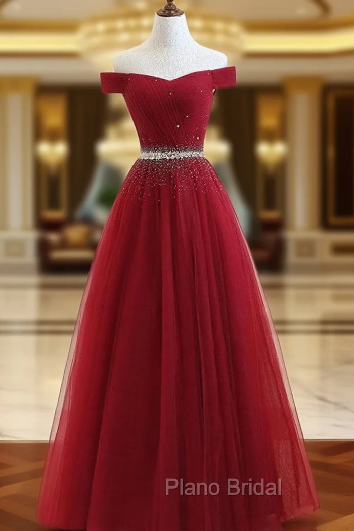 Charming Off Shoulder Tulle Beaded Formal Prom Gown, Wine Red Long Junior Formal Prom Dresses