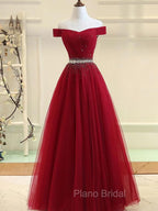 Charming Off Shoulder Tulle Beaded Formal Prom Gown, Wine Red Long Junior Formal Prom Dresses