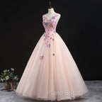 Charming Pink Flowers Ball Gown Long Sweet 16 Dresses, Pink Formal Prom Dresses