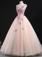 Charming Pink Flowers Ball Gown Long Sweet 16 Dresses, Pink Formal Prom Dresses