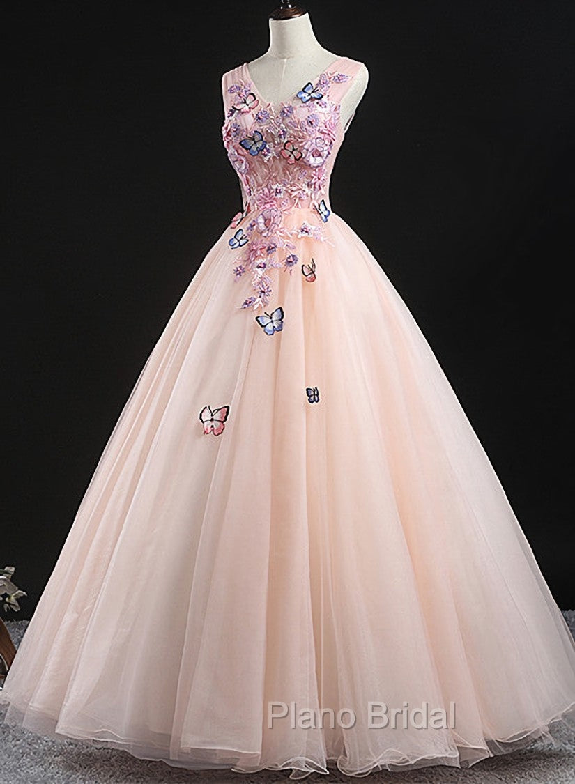 Charming Pink Flowers Ball Gown Long Sweet 16 Dresses, Pink Formal Prom Dresses