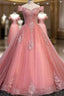 Charming Pink Off Shoulder Lace Applique Sweetheart Party Dresses, Pink Formal Prom Dresses