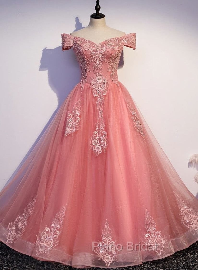 Charming Pink Off Shoulder Lace Applique Sweetheart Party Dresses, Pink Formal Prom Dresses Main image
